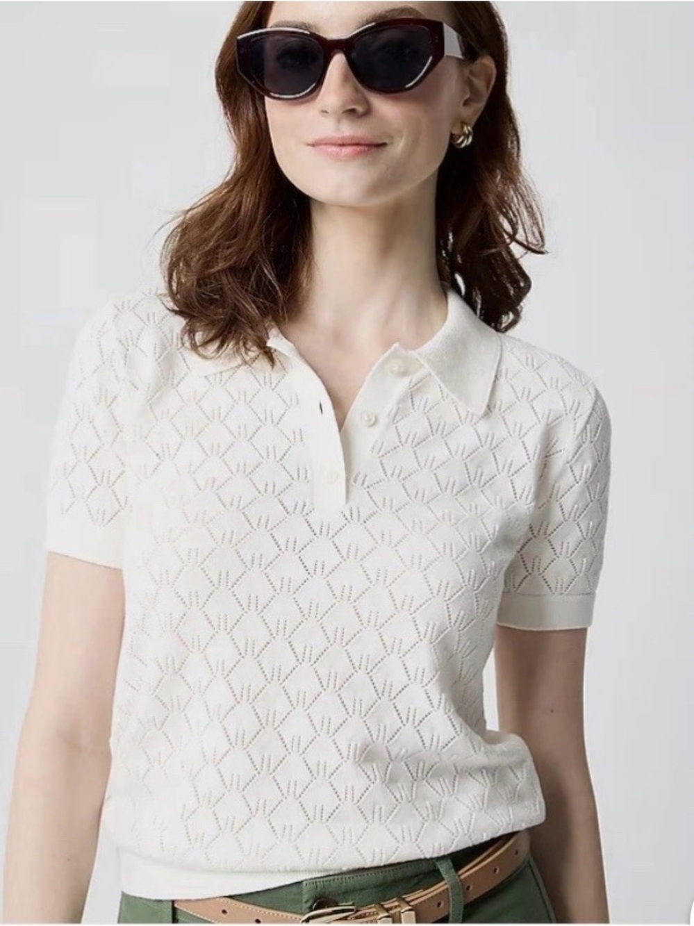 J Crew 100% Cotton Pointelle Knit Short Sleeve Sweater Cream Size Medium